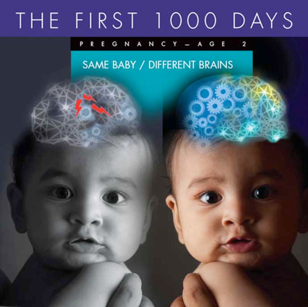 Split image of a baby showing brain development comparison. Left side: gray and underdeveloped brain. Right side: colorful and complex brain structure. Text: "The First 1000 Days: Pregnancy-Age 2, Same Baby/Different Brains." Highlighting the impact of prenatal care on early childhood development.